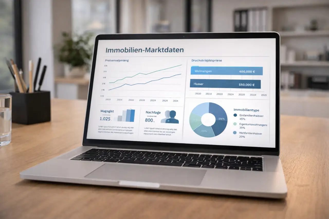 Laptop mit Immobilien-Marktdaten und Grafiken