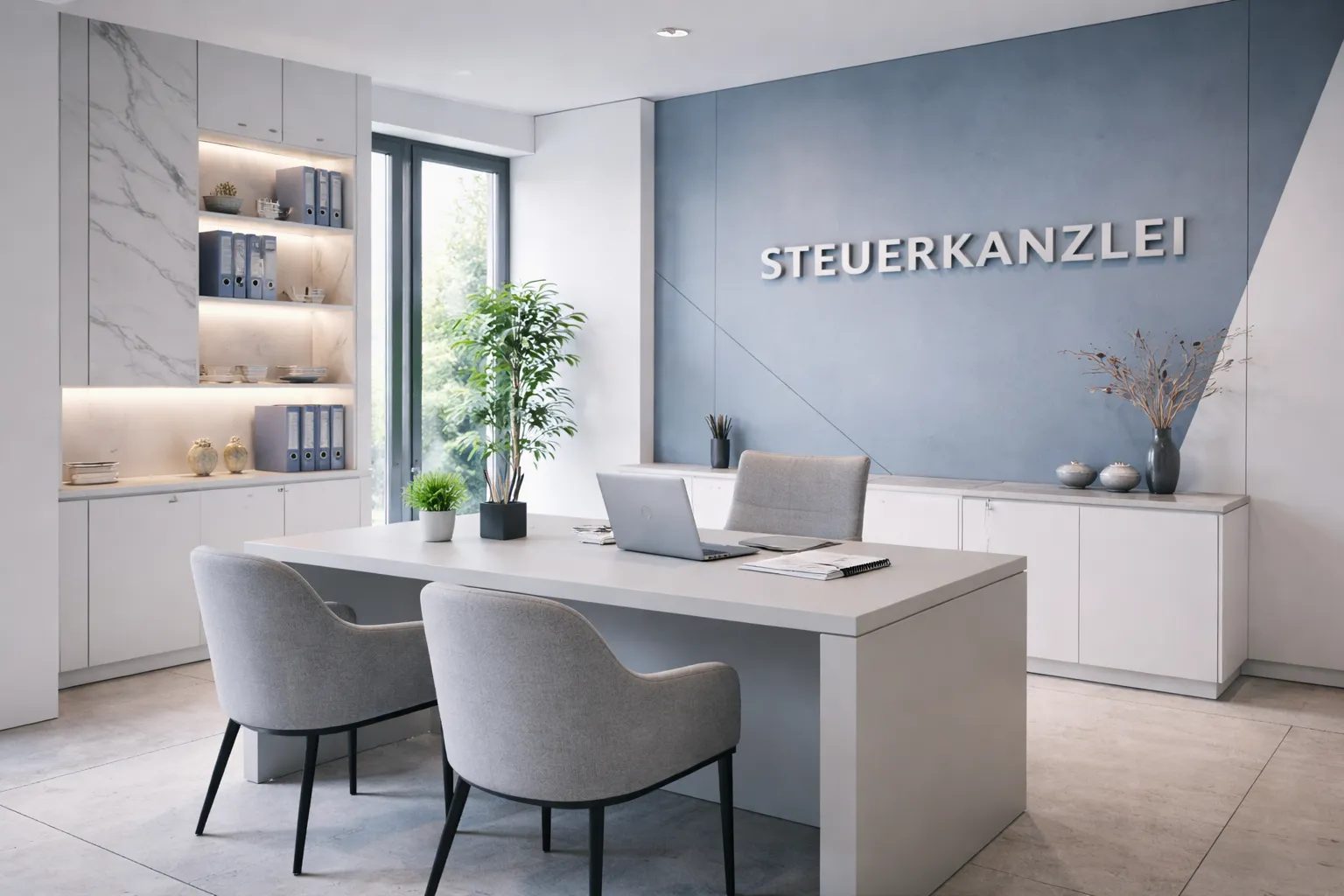 Minimalistisches und elegantes Steuerkanzlei-Büro, geometrische Architektur, kühles Tageslicht, hochauflösend, professionelle Atmosphäre, subtile blaue Farbelemente im Hintergrund, kantiges Design