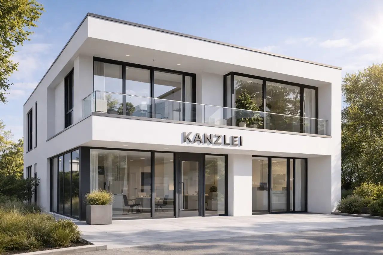 Architektonisch klares und elegantes Kanzleigebäude in Zweibrücken, moderne Linienführung, kantiges Design, helles Sonnenlicht, professionell und einladend, hochauflösend