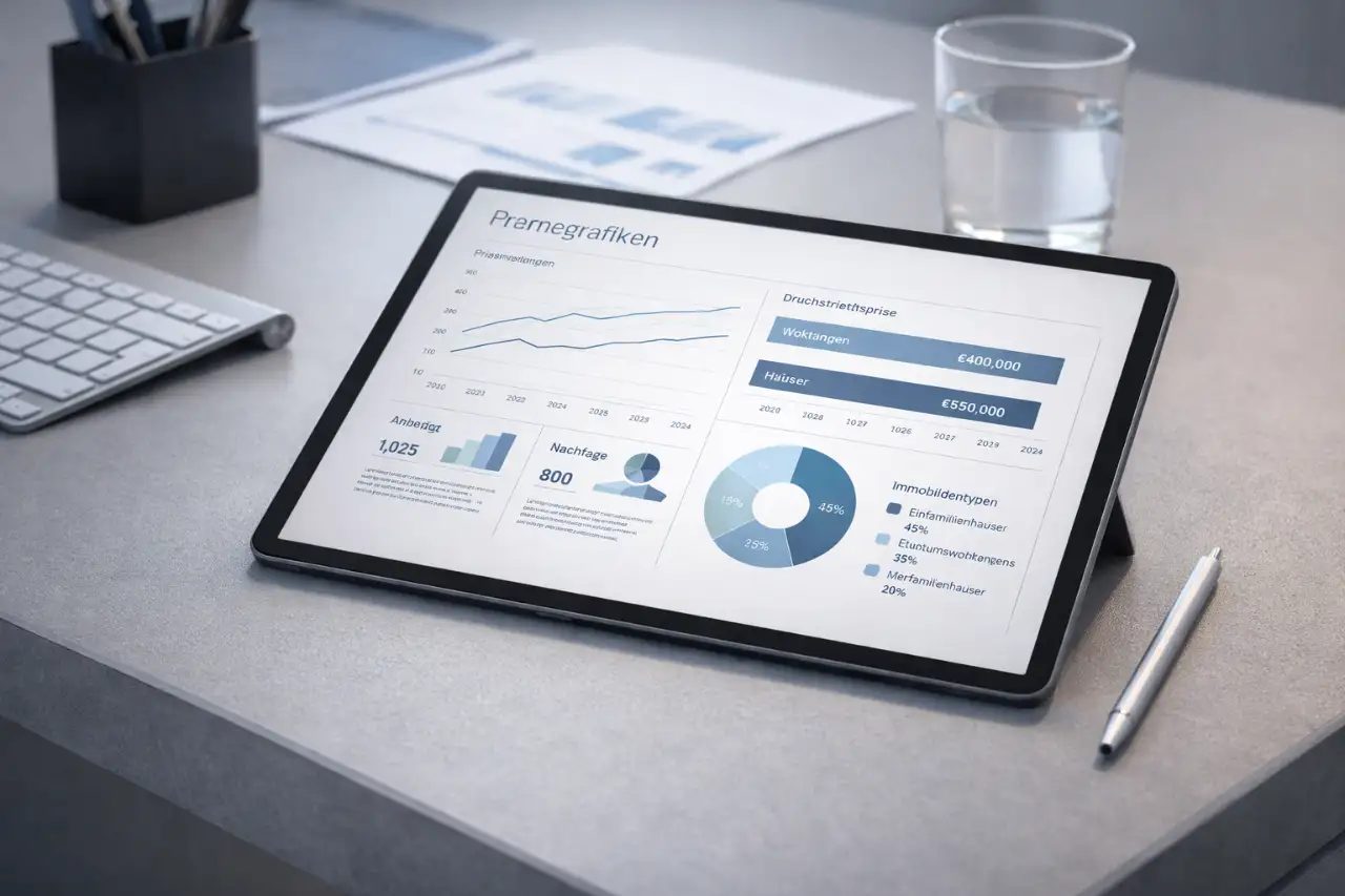 Elegantes Tablet, das moderne Finanzgrafiken zeigt, auf einem aufgeräumten, kantigen Schreibtisch liegend, blaue Farbakzente, kühles Setup, Fokus auf Digitalisierung in der Steuerberatung, hochauflösend