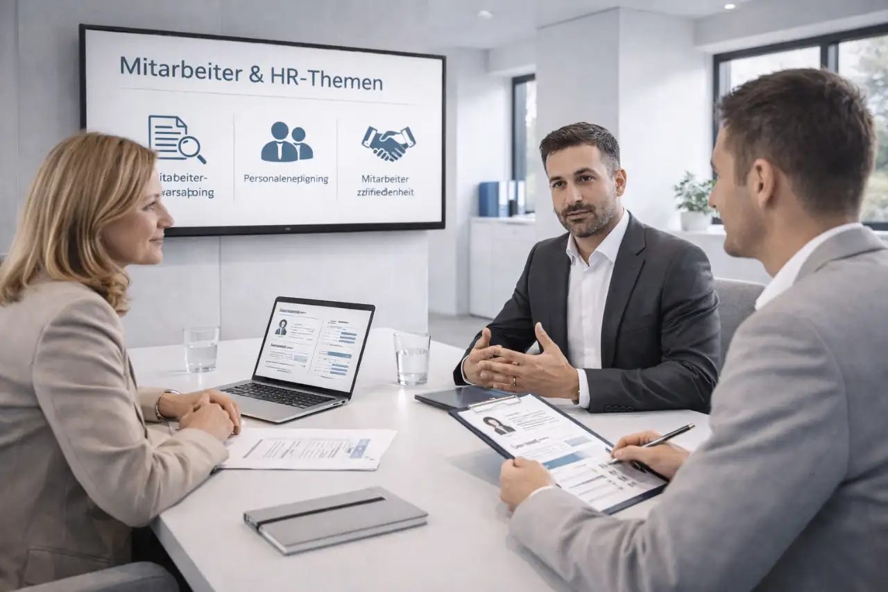 Professionelles Meeting mit Fokus auf Mitarbeiter und HR-Themen, reduzierte Farbpalette, kantige Raumarchitektur, Business-Eleganz, hochauflösend