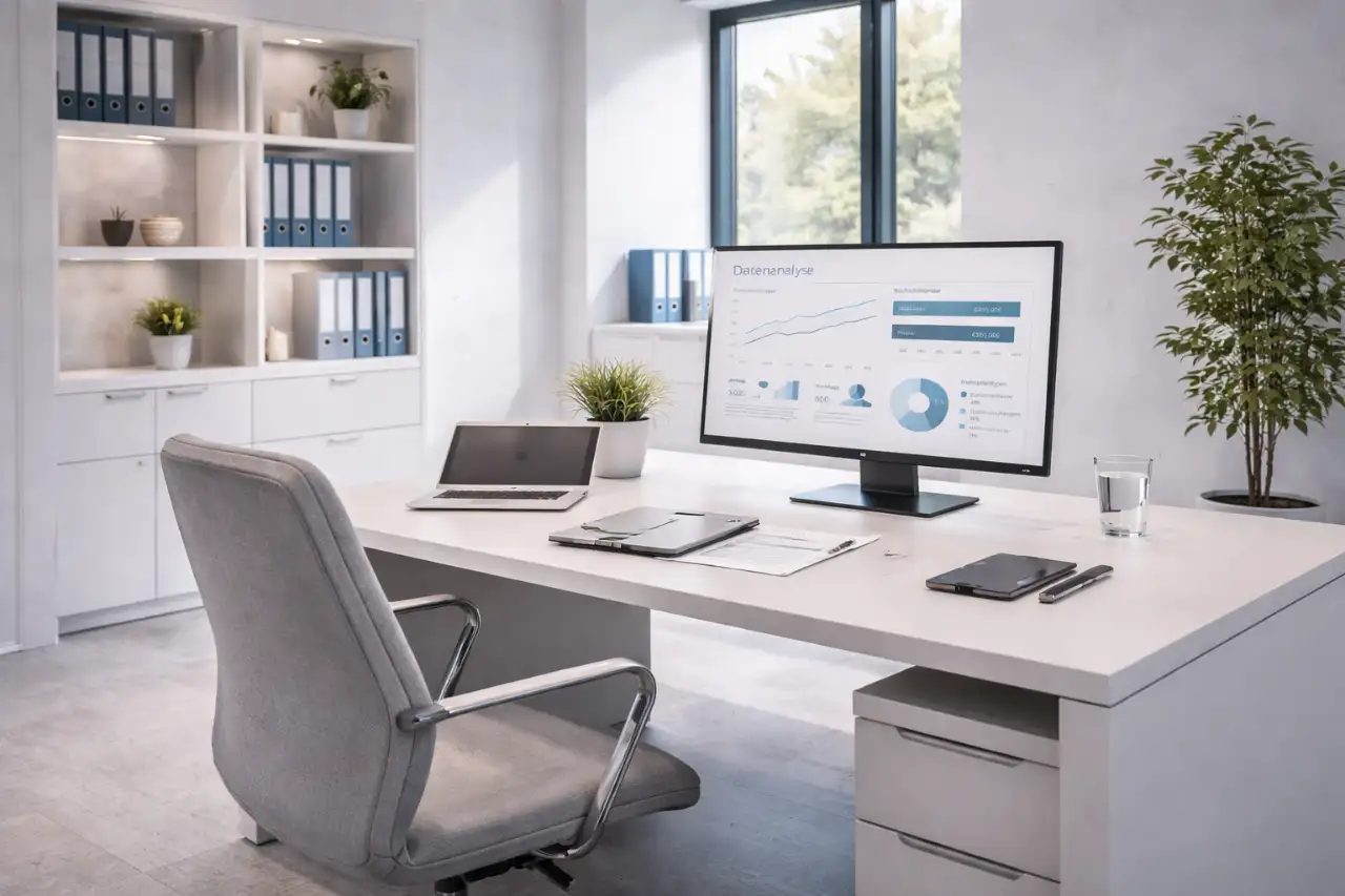 Modernes, einladendes und leeres Kanzleibüro, heller Arbeitsplatz mit modernster technischer Ausstattung, klare Linien, kantiges Design, hochauflösend, Fokus auf eine professionelle und ruhige Arbeitsumgebung