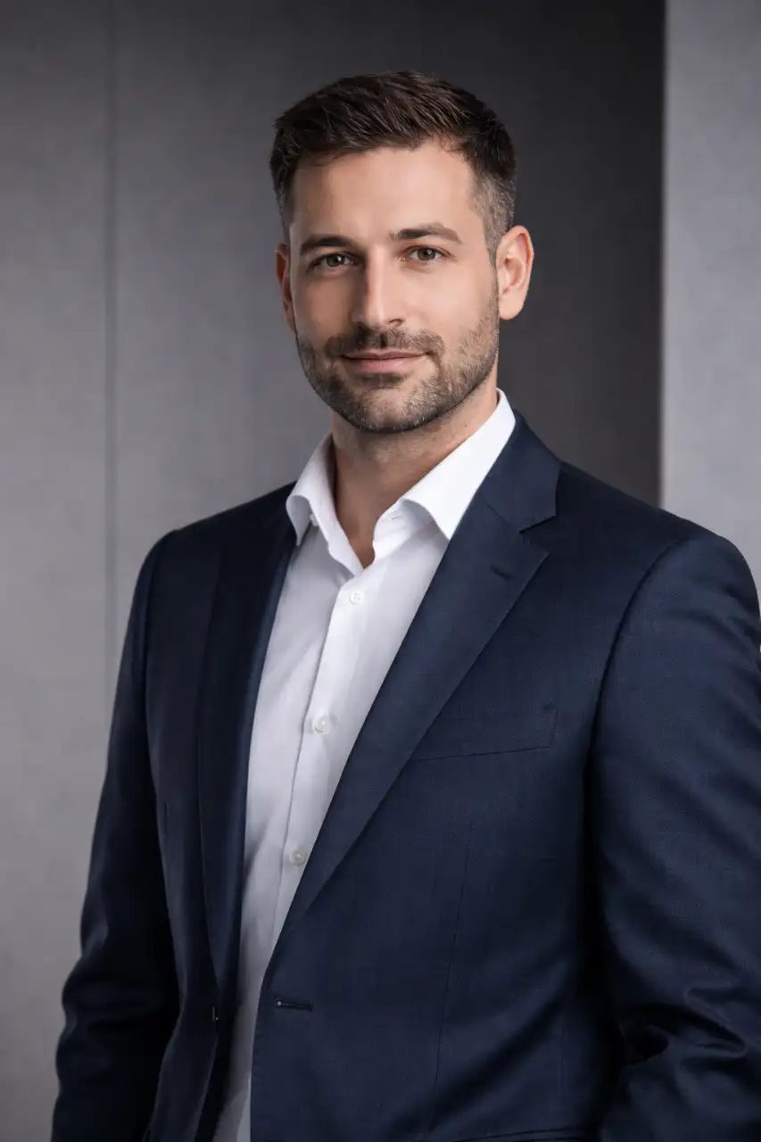 Professionelles Portrait von Eugen Fenzlein, Bilanzbuchhalter, eleganter Anzug, dunkler minimalistischer Hintergrund, hochauflösend, klare Kanten, vertrauenswürdiges Auftreten