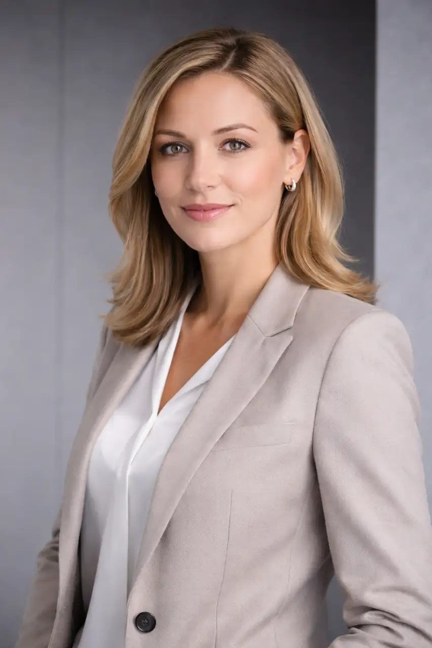 Business-Portrait von Tatjana Fenzlein, Steuerberaterin, professionelle Kleidung, eleganter minimalistischer Hintergrund, scharfe Kontraste, klares Licht, hochauflösend