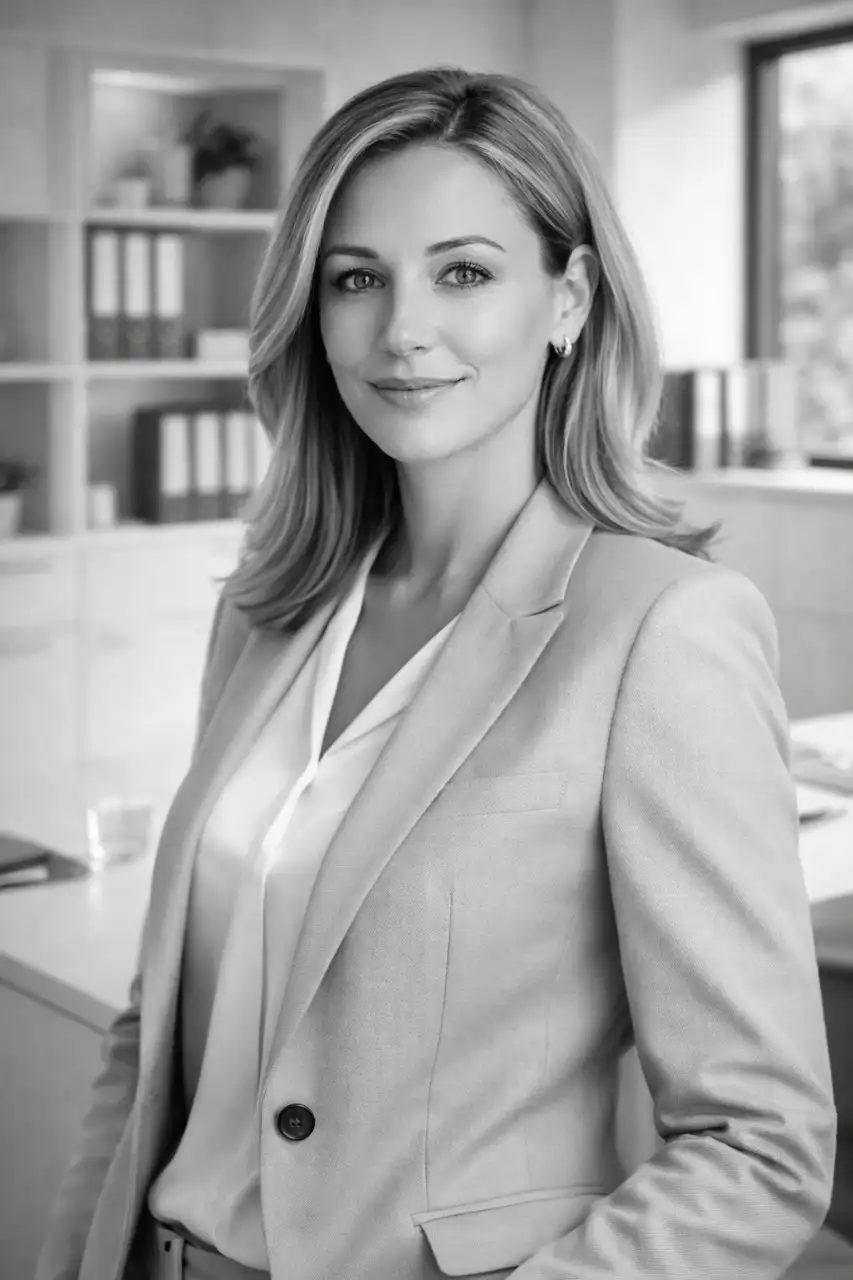 Elegantes Business-Portrait von Tatjana Fenzlein, Steuerberaterin, professionelles und selbstbewusstes Auftreten, minimalistisches Kanzlei-Setting, klares und helles Licht, hochauflösend, schwarz-weiß oder entsättigte Ästhetik