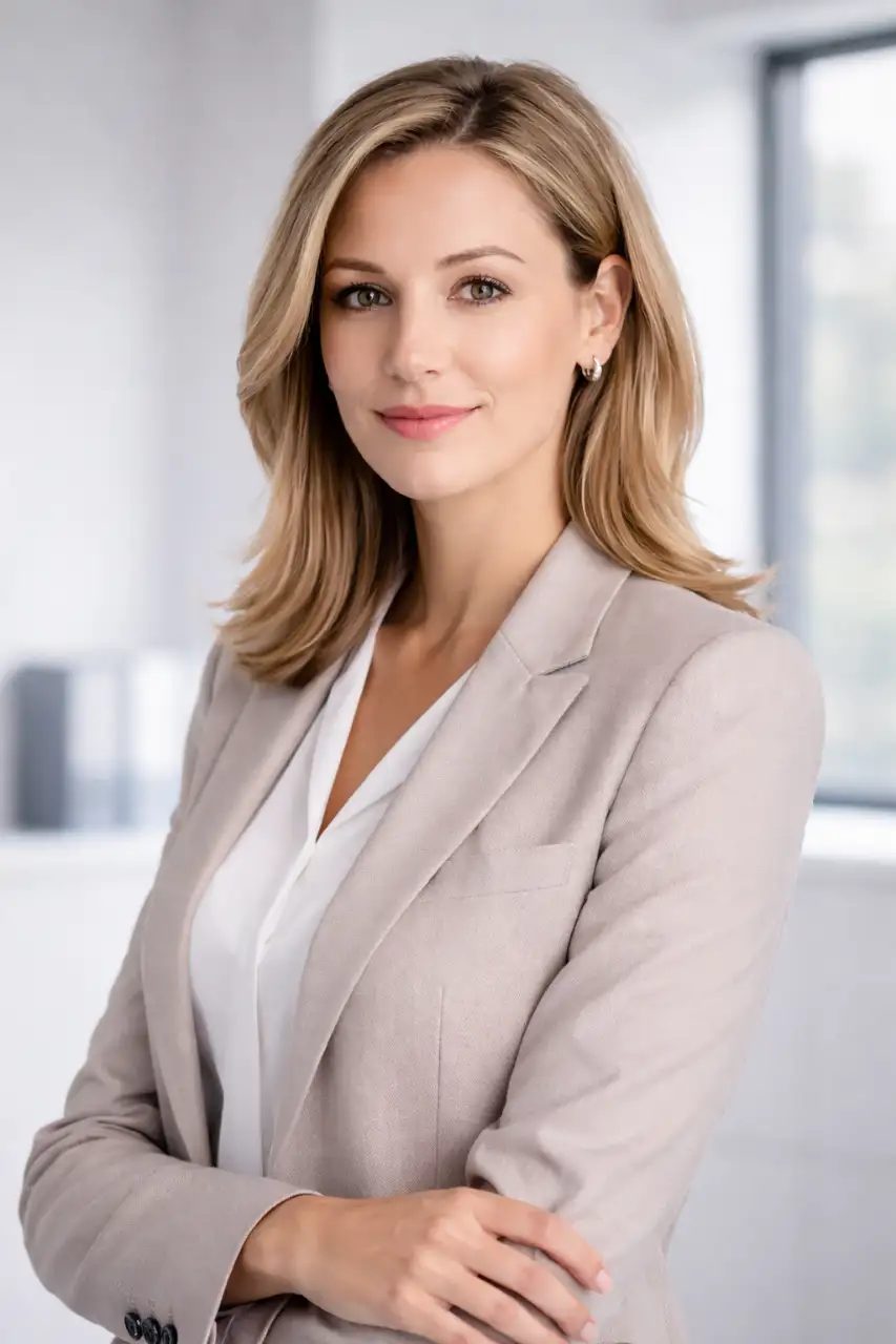 Portrait einer Gründerin, professionell, helles Licht, kantiger Zuschnitt, elegant und minimalistisch, hochauflösend