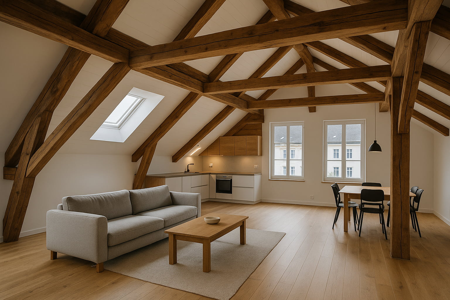 Professioneller Dachausbau mit sichtbarem Dachstuhl